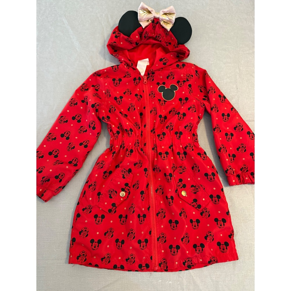 Disney Minnie Mouse Red Hooded Raincoat Girls Size 6 Ears Gold Bow Polka Dot